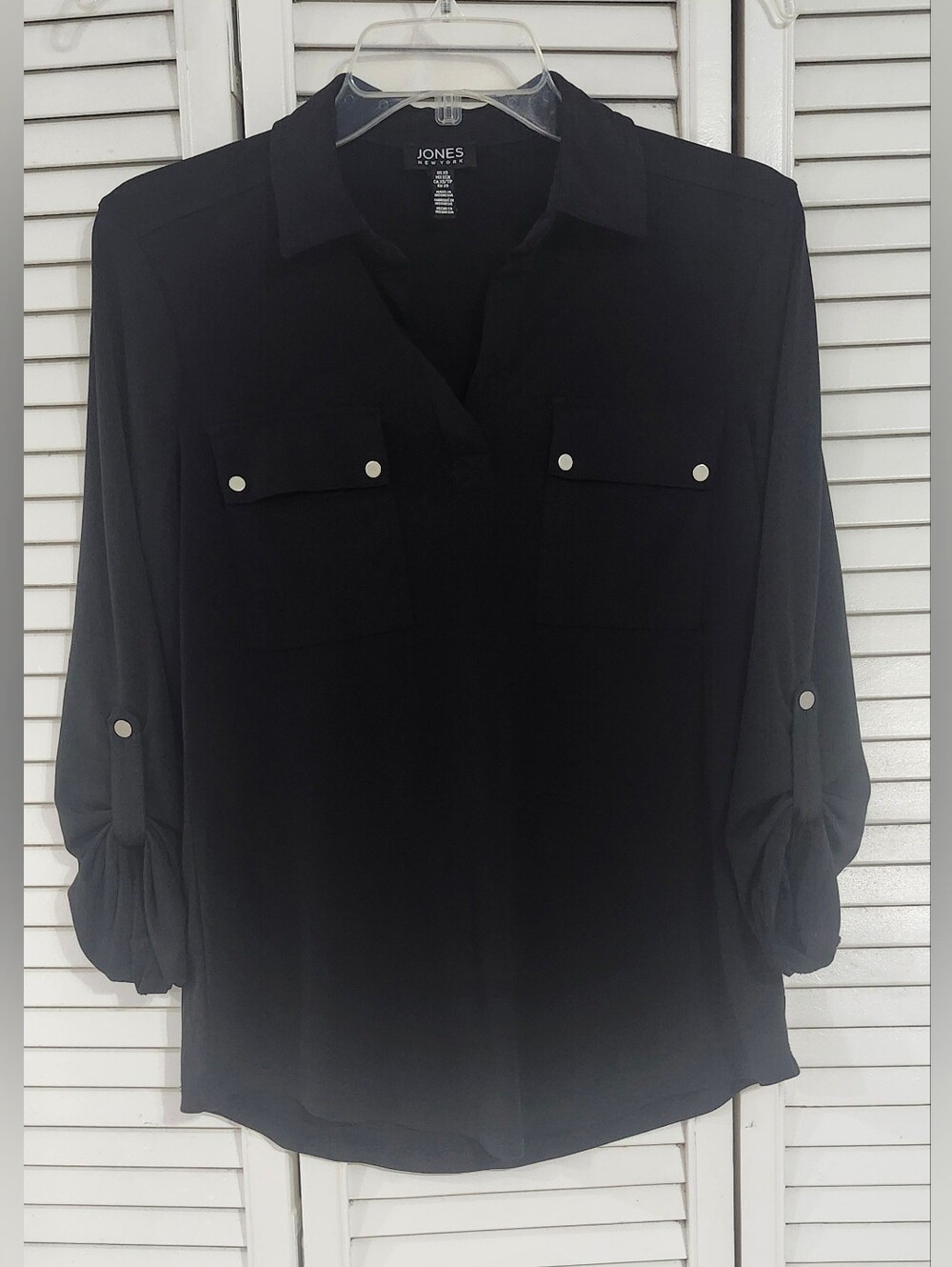 Jones New York Black Roll-Sleeve Button-Accent Blouse
